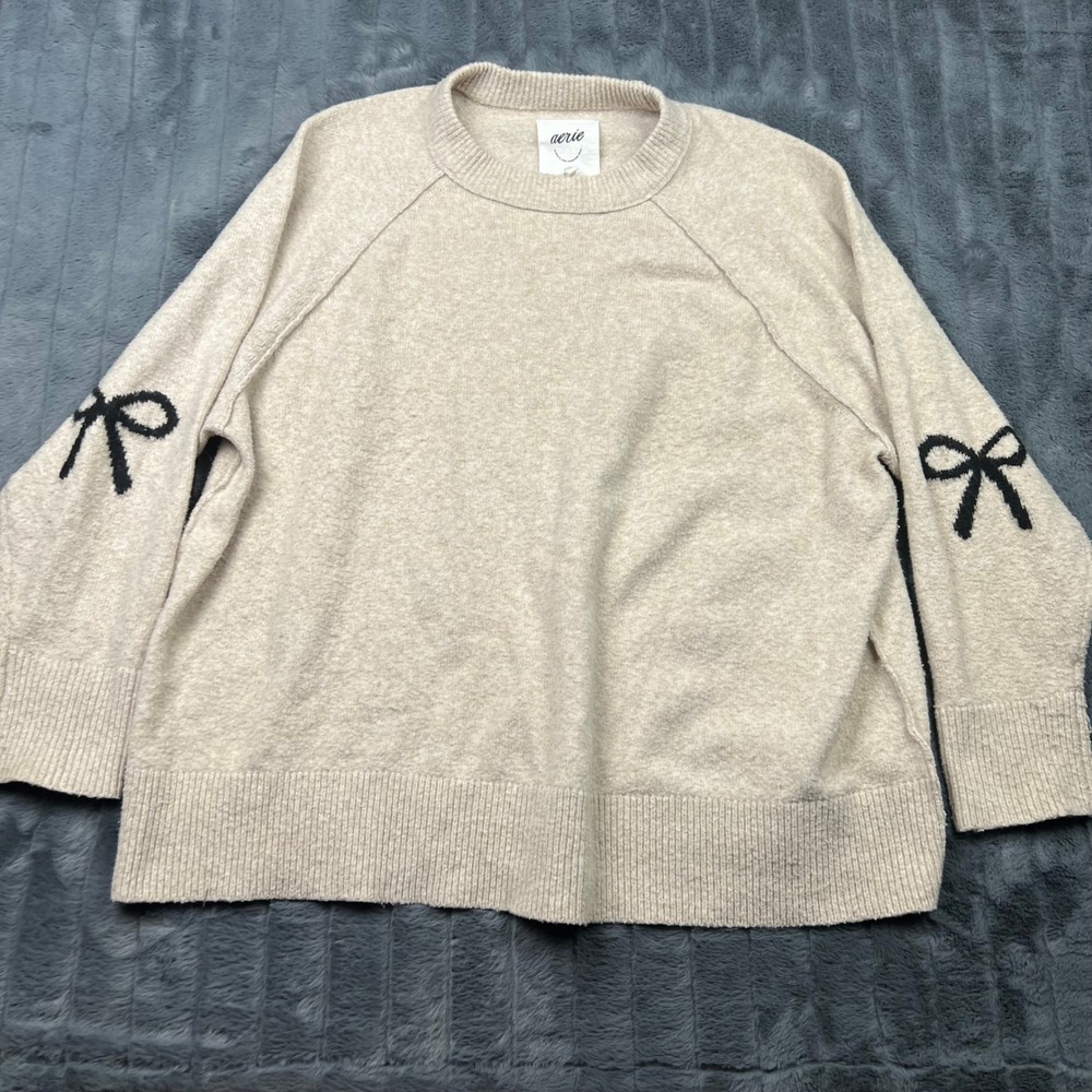 Aerie Womens Crewneck Sweater XL Oatmeal Heather Bow Sleeve Pullover 14068